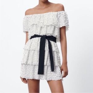 NWT ZARA RUFFLED MINI POLKA DOT DRESS S BLACK / WHITE